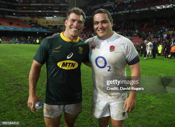 Former Saracens hookers and team mates Schalk Brits of South Africa and Jamie George of England poses after the third test match between South Africa...