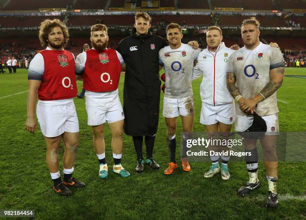 Exeter Chiefs and England team mates Alec Hepburn, Luke Cowan-Dickie, Jonny Hill, Henry Slade, Sam Simmonds and Harry Williams celebrate after their...