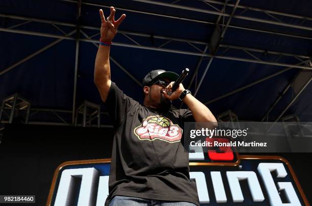 Entertainer, Ice Cube, performs during week one of the BIG3 three on three basketball league at Toyota Center on June 22, 2018 in Houston, Texas.