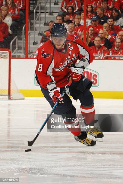 Alex Ovechkin of the Washington Capitals skates with the puck during a NHL hockey game against the Calgary Flames on March 28, 2010 at the Verizon...