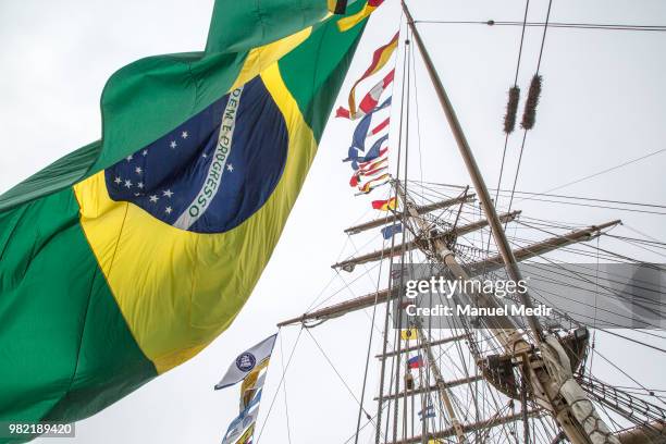 Detail of Cisne Branco ship from Brasil during the Velas Latinoamerica 2018 - Nautical Festival at Callao Naval Base on June 21, 2018 in Callao,...