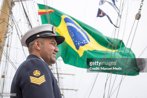 Brazilian officer of the Cisne Branco, a tall ship of the Brazilian Navy, smiles during the Velas Latinoamerica 2018 - Nautical Festival at Callao...