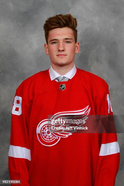 Ryan O'Reilly poses for a portrait after being selected 98th overall by the Detroit Red Wings during the 2018 NHL Draft at American Airlines Center...