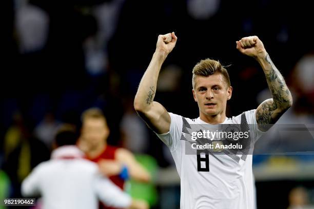 Toni Kroos of Germany celebrates after winning the match at the end of the 2018 FIFA World Cup Russia Group F match between Germany and Sweden at the...