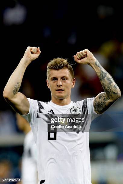 Toni Kroos of Germany celebratse after winning the match at the end of the 2018 FIFA World Cup Russia Group F match between Germany and Sweden at the...