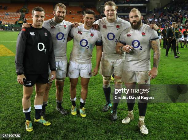 George Ford, Chris Robshaw, Ben Youngs, Joe Launcbury and Joe Marler of England celebrate after their victory during the third test match between...