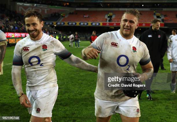 Danny Cipriani and Harry Williams of England celebrate their victory during the third test match between South Africa and England at Newlands Stadium...