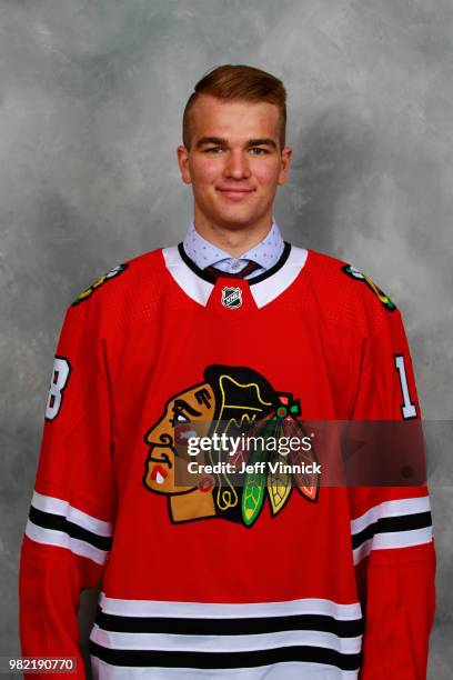 Alexis Gravel poses for a portrait after being selected 162nd overall by the Chicago Blackhawks during the 2018 NHL Draft at American Airlines Center...