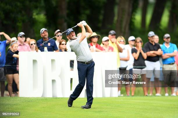 Jerry Kelly hits his second shot on the 18th hole during the second round of the American Family Insurance Championship at University Ridge Golf...