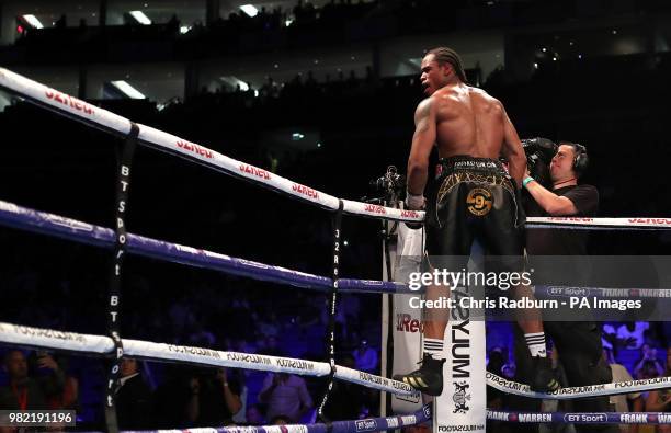 Anthony Yarde celebrates winning the WBO Intercontinental & European Light-Heavyweight Championship at The O2, London.