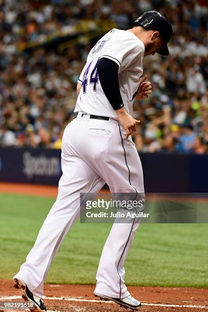 Cron of the Tampa Bay Rays scores in the second inning against the New York Yankees on June 23, 2018 at Tropicana Field in St Petersburg, Florida.