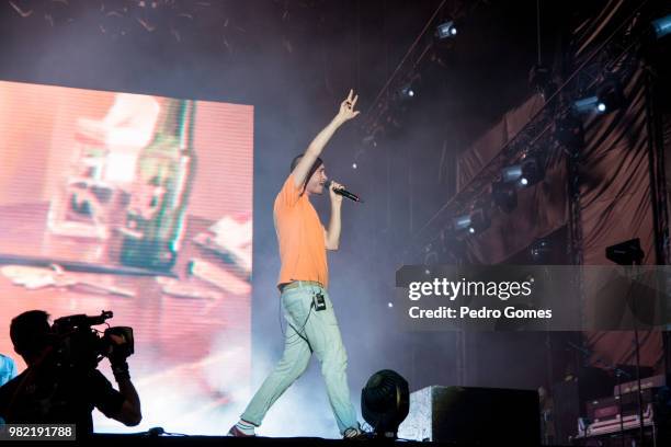 Dan Smith of the band Bastille performs at the Mundo stage on day one of Rock in Rio Lisbon on June 23, 2018 in Lisbon, Portugal.
