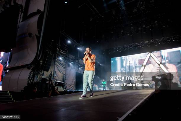 Dan Smith of the band Bastille performs at the Mundo stage on day one of Rock in Rio Lisbon on June 23, 2018 in Lisbon, Portugal.