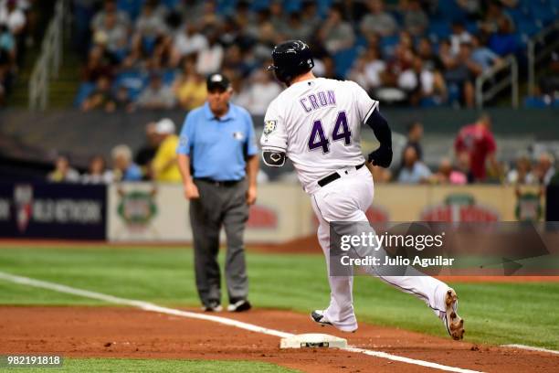 Cron of the Tampa Bay Rays hits a double in the second inning against the New York Yankees on June 23, 2018 at Tropicana Field in St Petersburg,...