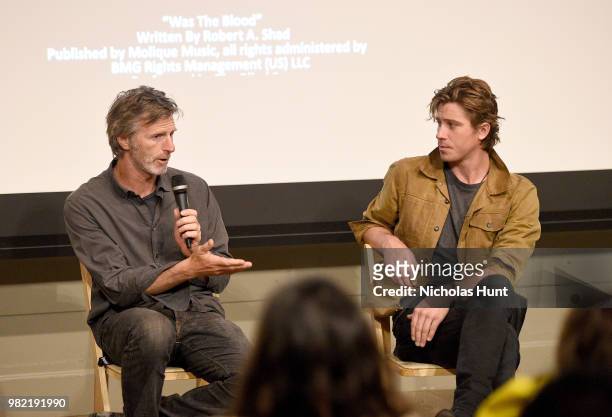 Andrew Heckler and Garrett Hedlund speak onstage during the 'Burden' Q&A at the 2018 Nantucket Film Festival - Day 4 on June 23, 2018 in Nantucket,...