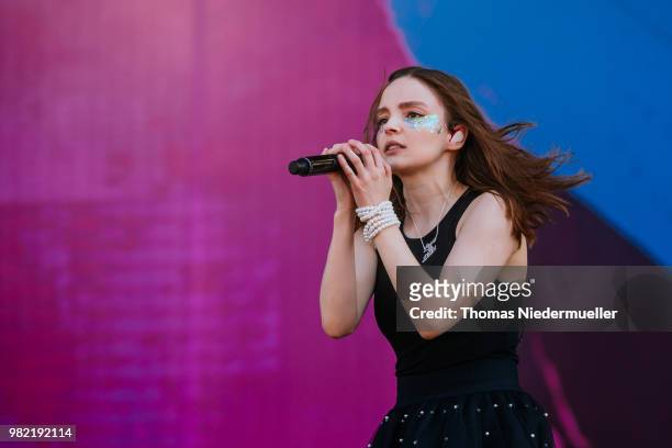 Lauren Mayberry of Chvrches performs on stage during the second day of the Southside Festival on June 23, 2018 in Neuhausen, Germany.