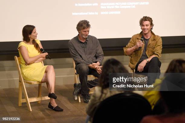 Tatiana Siegel, Andrew Heckler and Garrett Hedlund speak onstage during the 'Burden' Q&A at the 2018 Nantucket Film Festival - Day 4 on June 23, 2018...