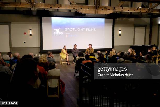 Tatiana Siegel, Andrew Heckler and Garrett Hedlund speak onstage during the 'Burden' Q&A at the 2018 Nantucket Film Festival - Day 4 on June 23, 2018...