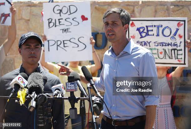 Rep. Joaquin Castro and Rep. Beto O'Rourke speak to the media after touring the tent encampment near the Tornillo-Guadalupe Port of Entry on June 23,...