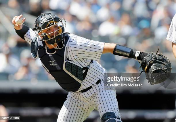 Austin Romine of the New York Yankees in action against the Seattle Mariners at Yankee Stadium on June 21, 2018 in the Bronx borough of New York...