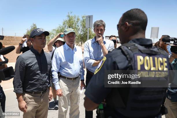 Rep. Joaquin Castro , U.S. Senator Tom Udall and Rep. Beto O'Rourke are briefed by a Department of Homeland Security police officer before touring a...