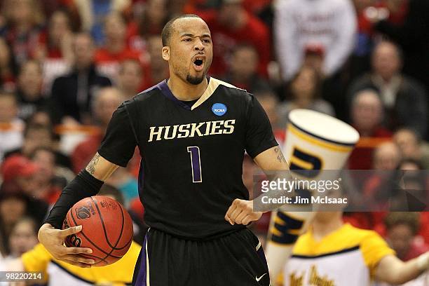 Venoy Overton of the Washington Huskies reacts against the West Virginia Mountaineers during the east regional semifinal of the 2010 NCAA men's...