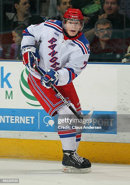 Patrik Andersson of the Kitchener Rangers skates in the first game of the second round of the 2010 playoffs against the London Knights on April 1,...