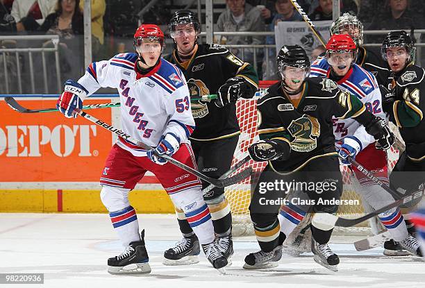 Jeff Skinner of the Kitchener Rangers waits to tip a shot in the first game of the second round of the 2010 playoffs against the London Knights on...