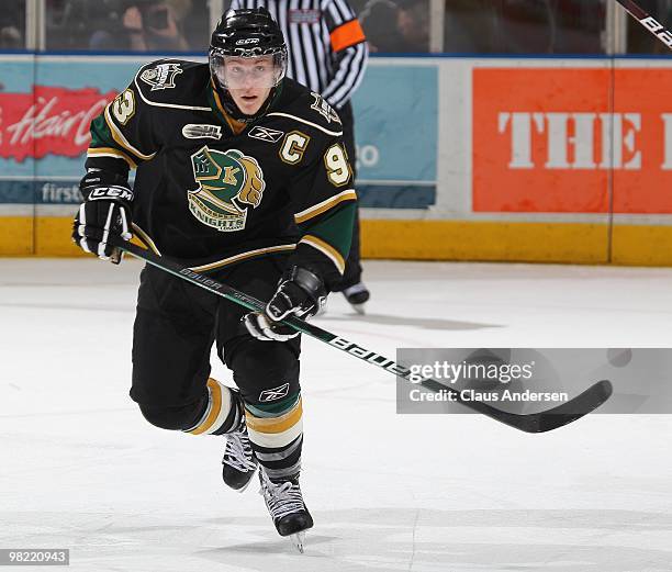 Justin Taylor of the London Knights skates in the first game of the second round of the 2010 playoffs against the Kitchener rangers on April 1, 2010...