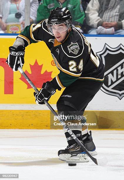 Chris DeSousa of the London Knights gets set to make a pass in the first game of the second round of the 2010 playoffs against the Kitchener Rangers...