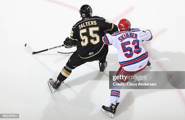 Jeff Skinner of the Kitchener Rangers tries to hold Leigh Salters of the London Knights in checks in the first game of the second round of the 2010...