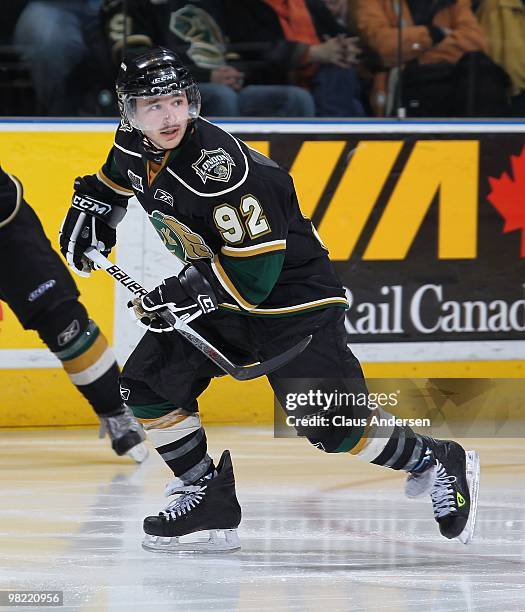 Daniel Erlich of the London Knights skates in the first game of the second round of the 2010 playoffs against the Kitchener Rangers on April 1, 2010...