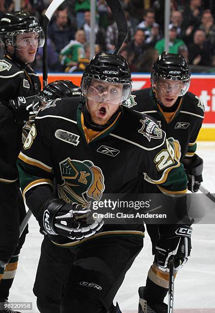 Colin Martin of the London Knights celebrates a goal in the first game of the second round of the 2010 playoffs against the Kitchener Rangers on...