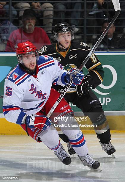Julian Cimadamore of the Kitchener Rangers skates in the first game of the second round of the 2010 playoffs against the London Knights on April 1,...