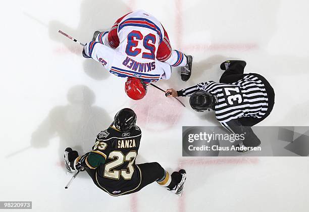 Jeff Skinner of the Kitchener Rangers gets set to take a faceoff against Stephen Sanza of the London Knights in the first game of the second round of...