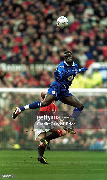 Ade Akinbiyi of Leicester Cityin action during the FA Carling Premiership match brtween Manchester United and Leicester City at Old Trafford,...