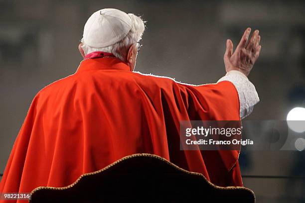 Pope Benedict XVI presides over the Way Of The Cross procession at the Colosseum on Good Friday on April 2, 2010 in Rome, Italy. The pontiff led the...
