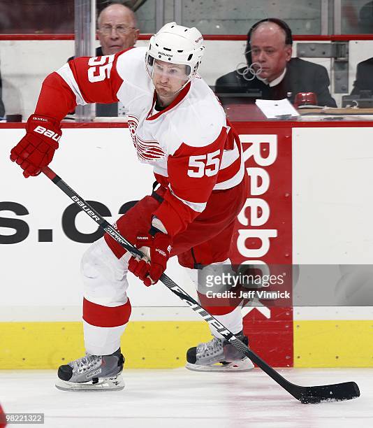 Niklas Kronwall of the Detroit Red Wings skates up ice during the game against the Vancouver Canucks at General Motors Place on March 20, 2010 in...