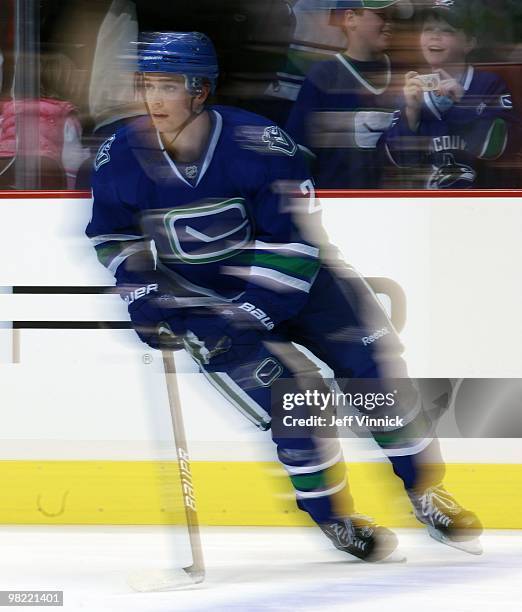 Mason Raymond of the Vancouver Canucks skates up ice during the game against the Detroit Red Wings at General Motors Place on March 20, 2010 in...