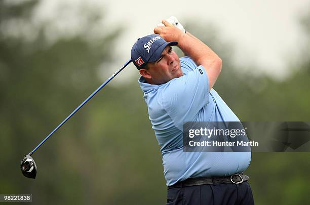 Kevin Stadler hits his tee shot on the eighth hole during the second round of the Shell Houston Open at Redstone Golf Club on April 2, 2010 in...