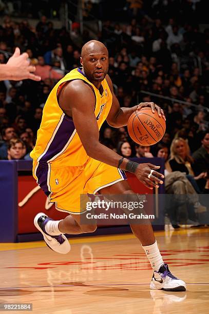 Lamar Odom of the Los Angeles Lakers drives to the basket during the game against the Golden State Warriors on February 16, 2010 at Staples Center in...