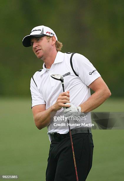 Vaughn Taylor watches his second shot on the eighth hole during the second round of the Shell Houston Open at Redstone Golf Club on April 2, 2010 in...