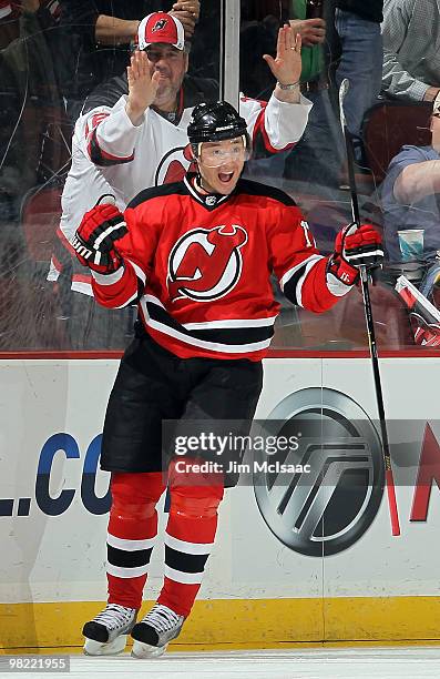 Ilya Kovalchuk of the New Jersey Devils celebrates his first period goal against the Chicago Blackhawks at the Prudential Center on April 2, 2010 in...