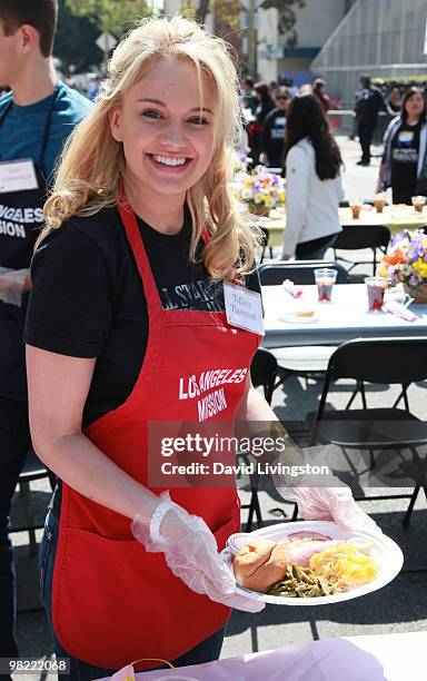 Actress Tiffany Thornton volunteers at the Los Angeles Mission during Easter on April 2, 2010 in Los Angeles, California.