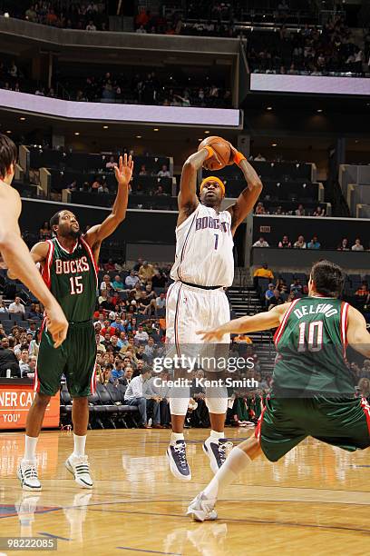 Stephen Jackson of the Charlotte Bobcats shoots a jumpshot against Carlos Delfino of the Milwaukee Bucks on April 2, 2010 at the Time Warner Cable...