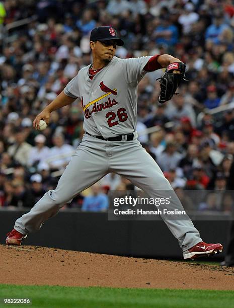 Kyle Lohse of St. Louis Cardinals pitches in the first inning against the Minnesota Twins during an exhibition game at Target Field on April 2, 2010...