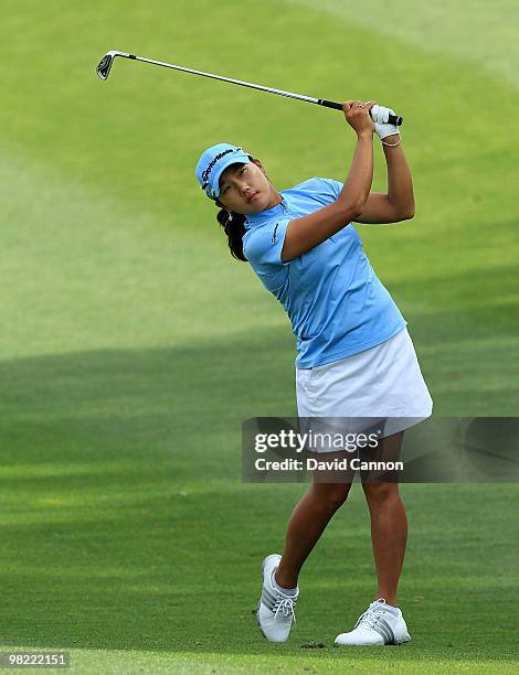 Seon Hwa Lee of South Korea plays her second shot at the seventh hole during the second round of the 2010 Kraft Nabisco Championship, on the Dinah...