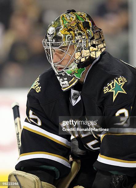 Goaltender Marty Turco of the Dallas Stars at American Airlines Center on March 31, 2010 in Dallas, Texas.
