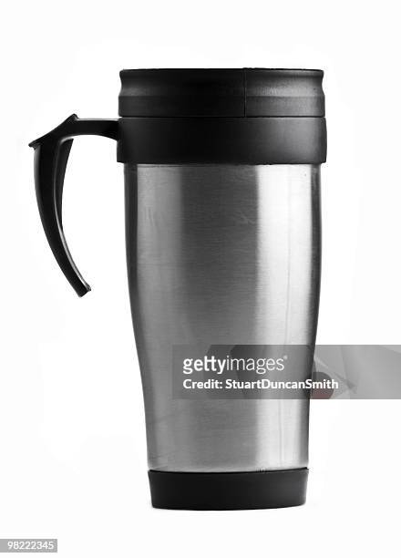 stainless steel coffee mug on white background  - drinks flask stock pictures, royalty-free photos & images