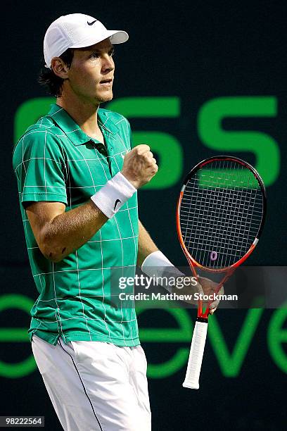 Tomas Berdych of the Czech Republic celebrates winning the first set against Robin Soderling of Swedenduring day eleven of the 2010 Sony Ericsson...